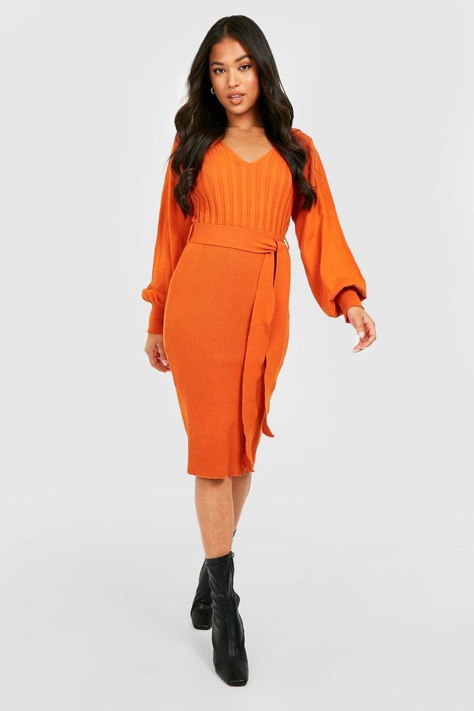 Womens Petite Soft Knit Belted Puff Sleeve Dress - Orange - 6, Orange