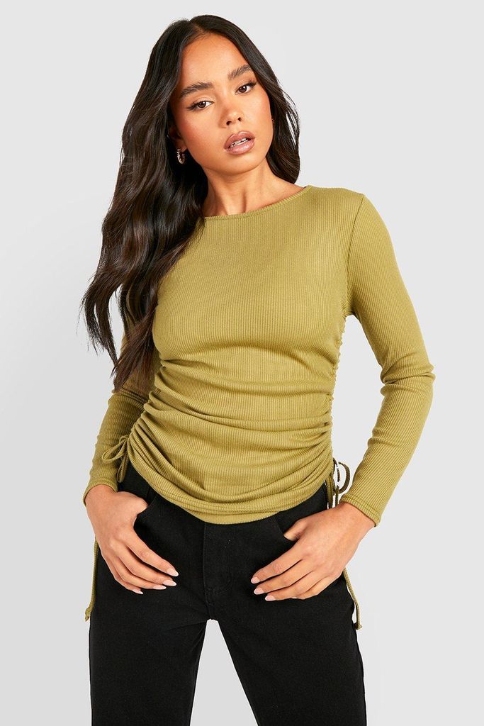 Womens Petite Rib Ruched Side Top - Green - 8, Green