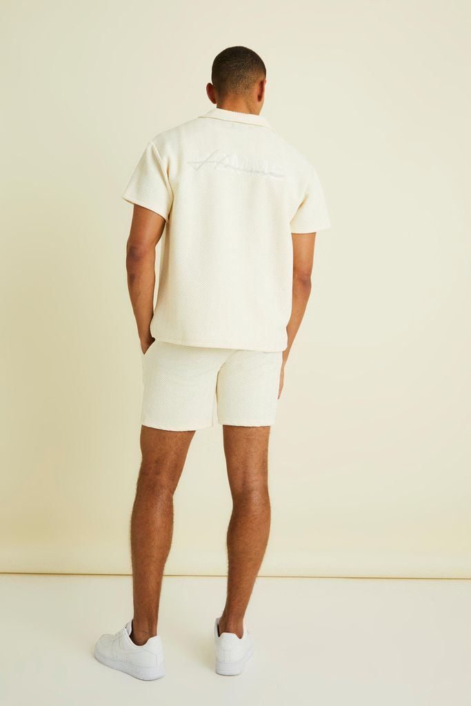 Men's Herringbone Jersey Embroidered Shirt And Short - Cream - Xl, Cream