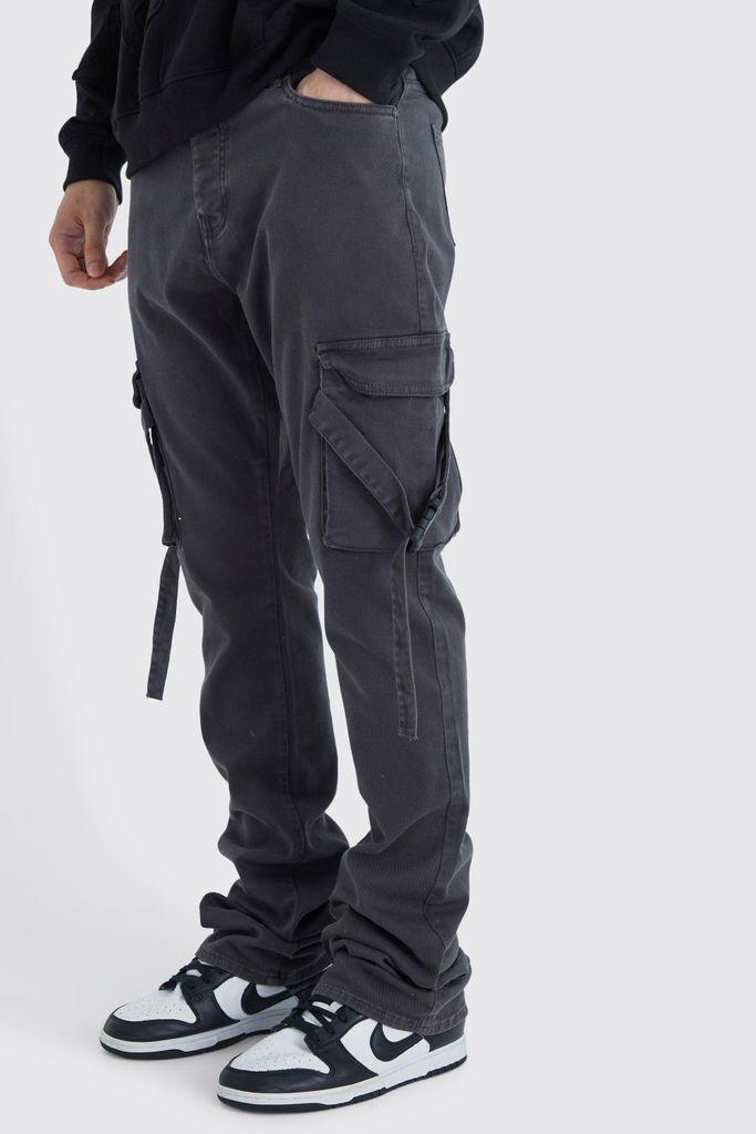 Men's Tall Fixed Waist Slim Stacked Flare Strap Cargo Trouser - Grey - 32, Grey