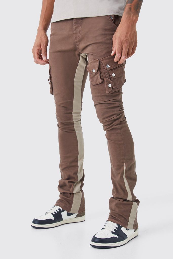 Men's Tall Fixed Waist Skinny Stacked Flare 3D Cargo Trouser - Brown - 32, Brown