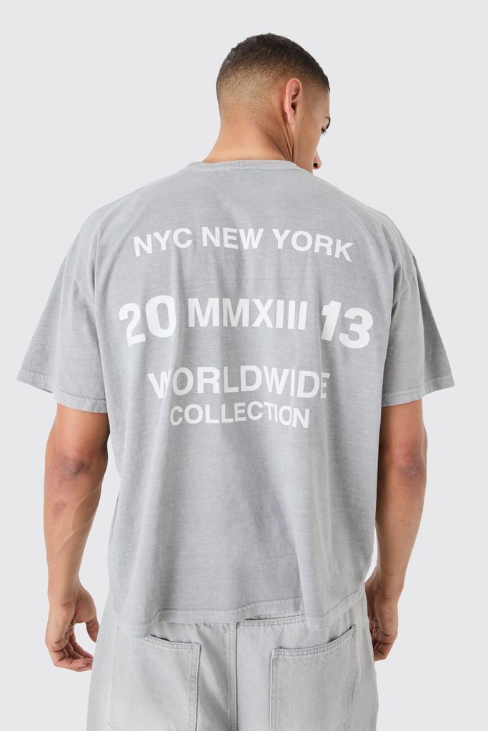 Men's Oversized Boxy Washed Overdye Slogan T-Shirt - Grey - S, Grey