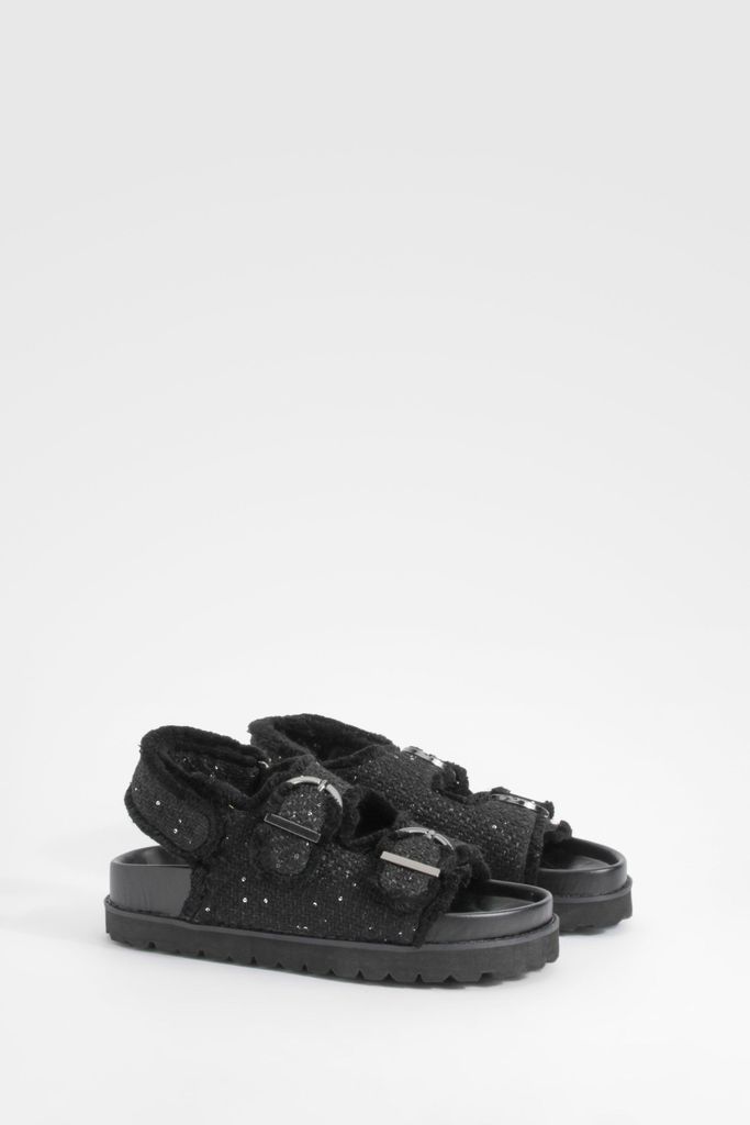 Womens Wide Fit Boucle Dad Sandals - Black - 3, Black
