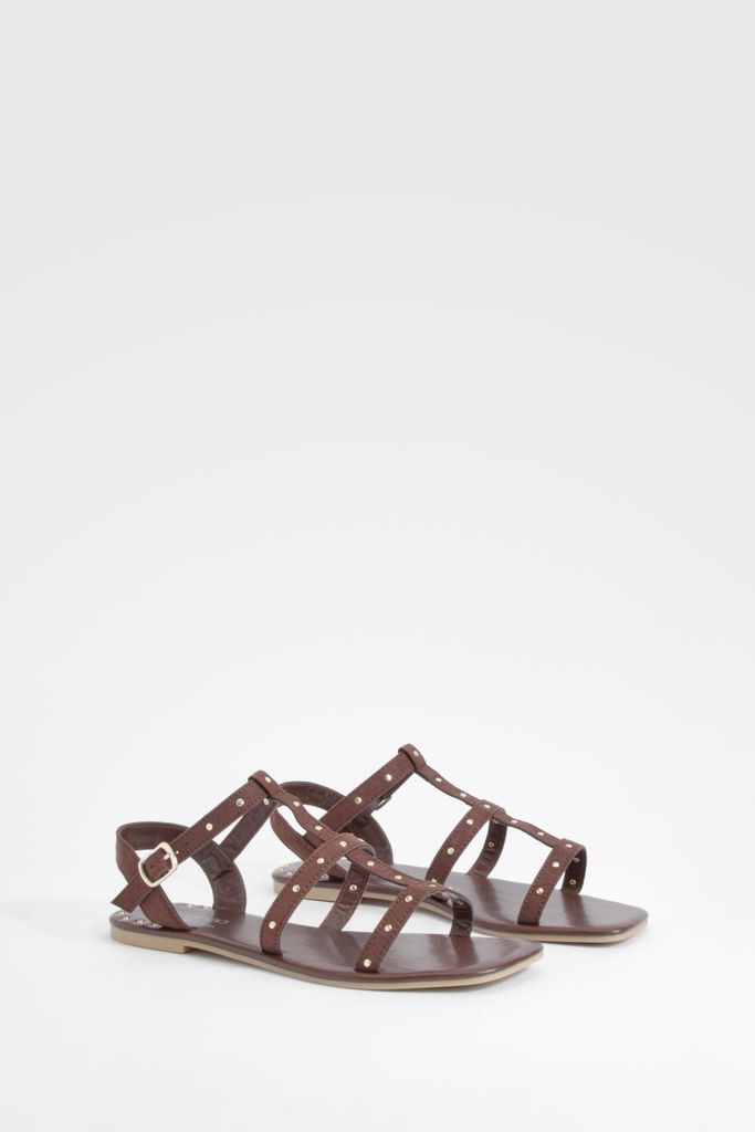 Womens Wide Fit Studded Gladiator Sandals - Brown - 3, Brown