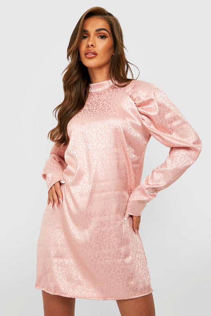 Womens Jacquard Satin Puff Sleeve Mini Dress - Pink - 12, Pink