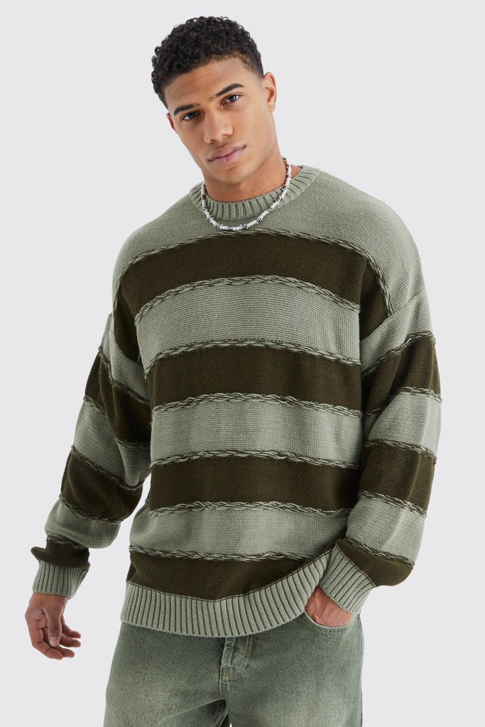 Men's Oversized 2 Tone Stripe Knit Jumper - Green - L, Green