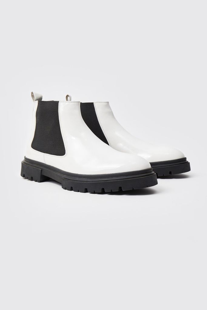 Men's Patent Chelsea Boots With Track Sole - White - 8, White