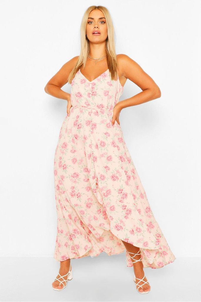 Womens Plus Floral Ruffle Tie Waist Maxi Dress - Pink - 18, Pink