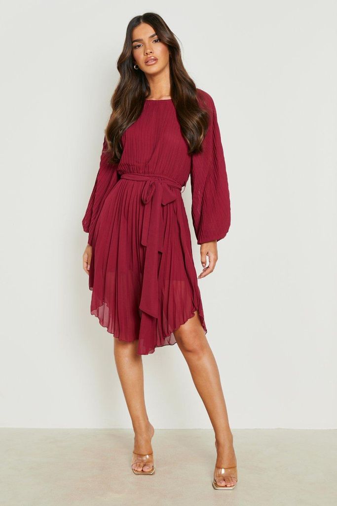Womens Pleated Long Sleeve Midi Dress - Red - 8, Red