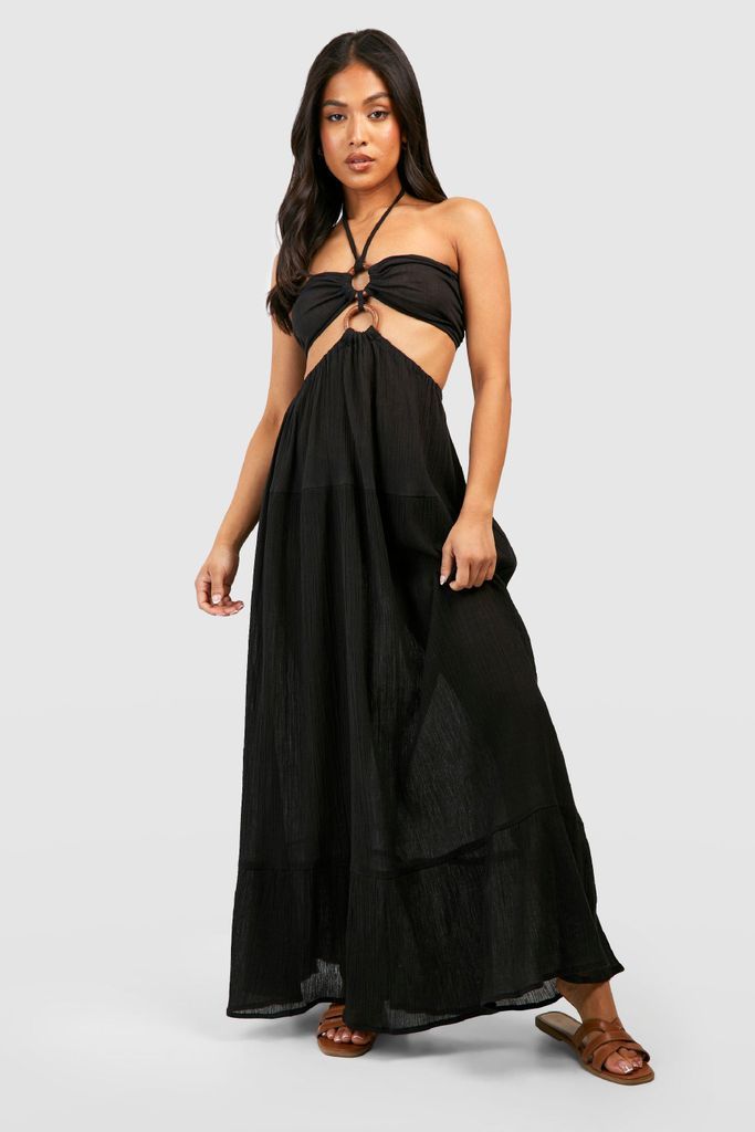 Womens Petite Halter Ring Detail Cheesecloth Beach Maxi Dress - Black - 6, Black