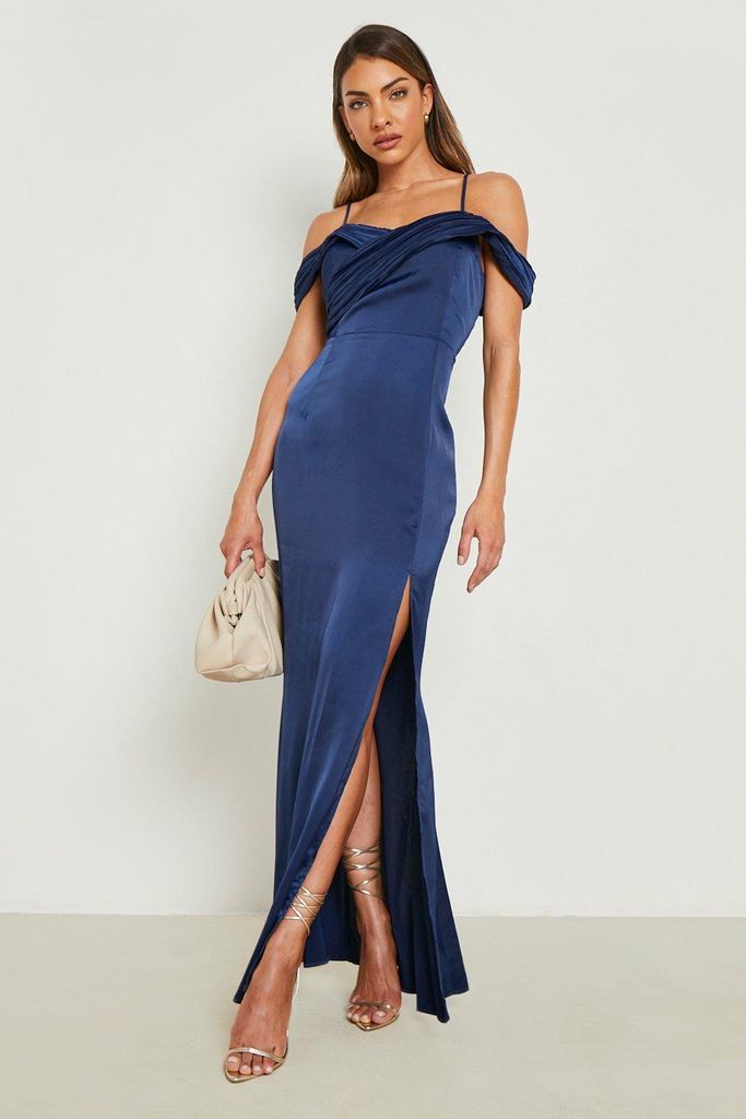 Womens Satin Off The Shoulder Strappy Maxi Dress - Navy - 18, Navy