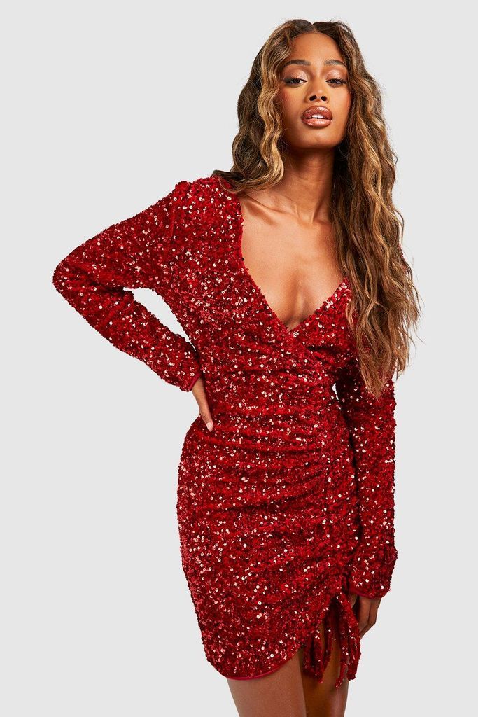 Womens Sequin Ruched Wrap Party Dress - Red - 10, Red