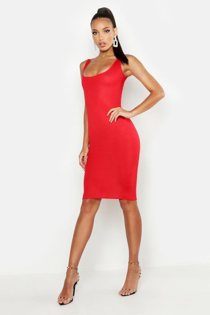 Womens Basic Square Neck Bodycon Midi Dress - Red - 14, Red