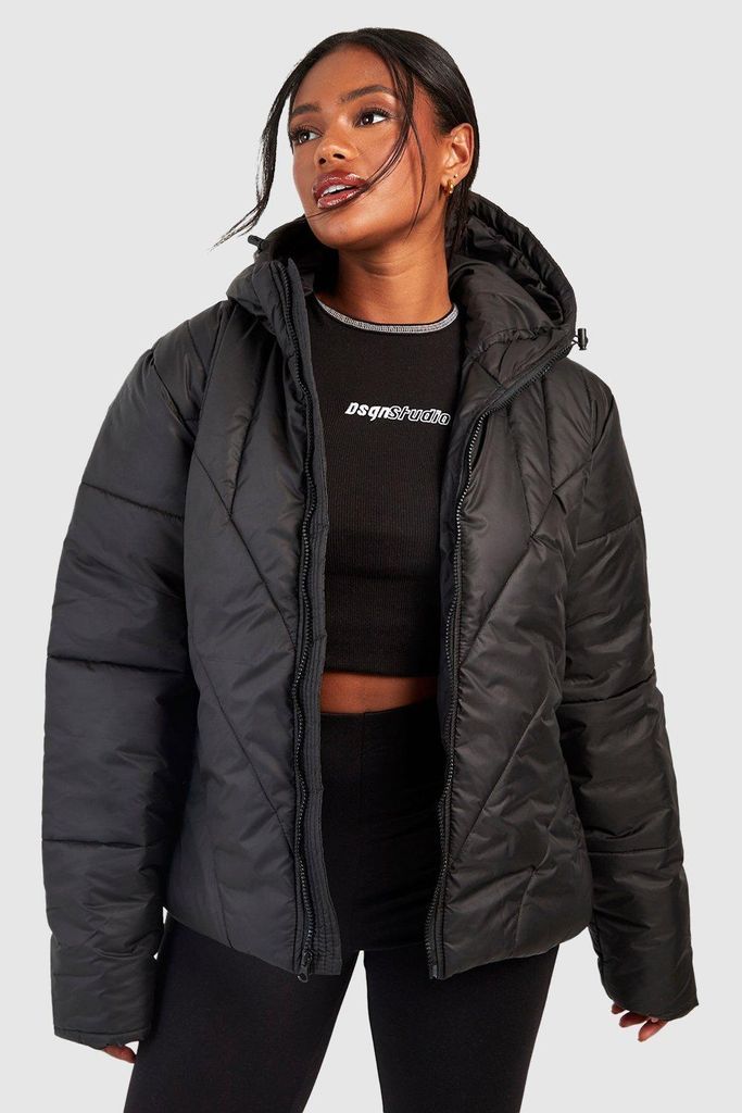 Womens Quilted Hooded Puffer Jacket - Black - 10, Black