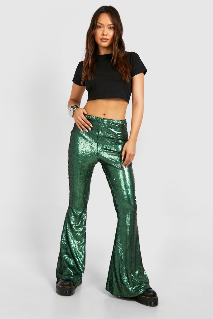 Womens Festival High Waisted Sequin Flares - Green - 6, Green