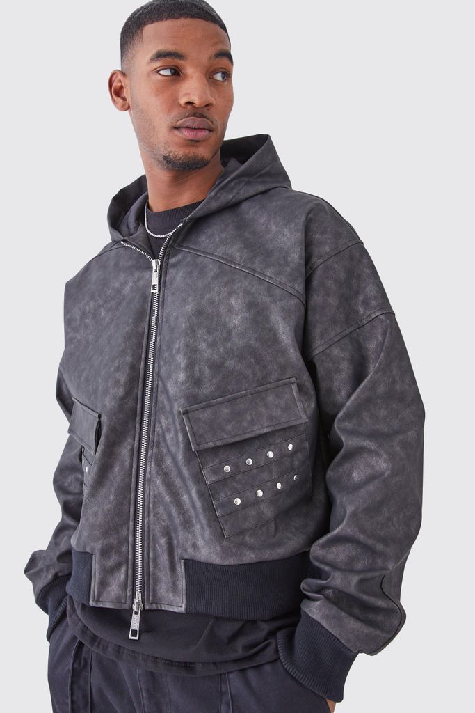 Men's Tall Washed Pu Hooded Bomber - Black - S, Black