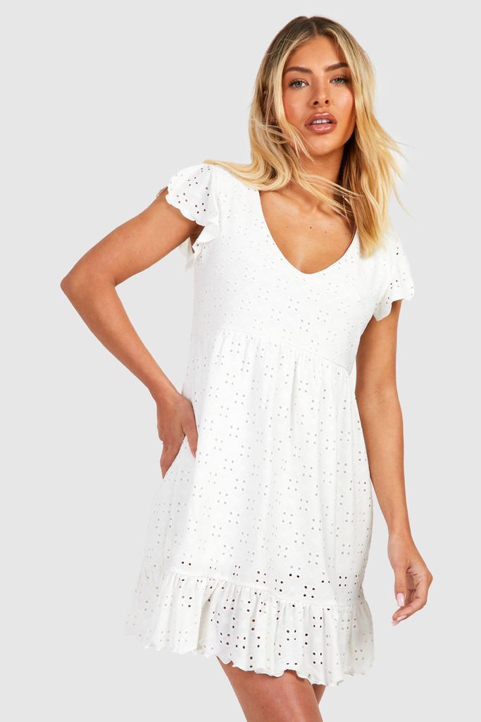 Womens Broderie Smock Mini Dress - White - 12, White