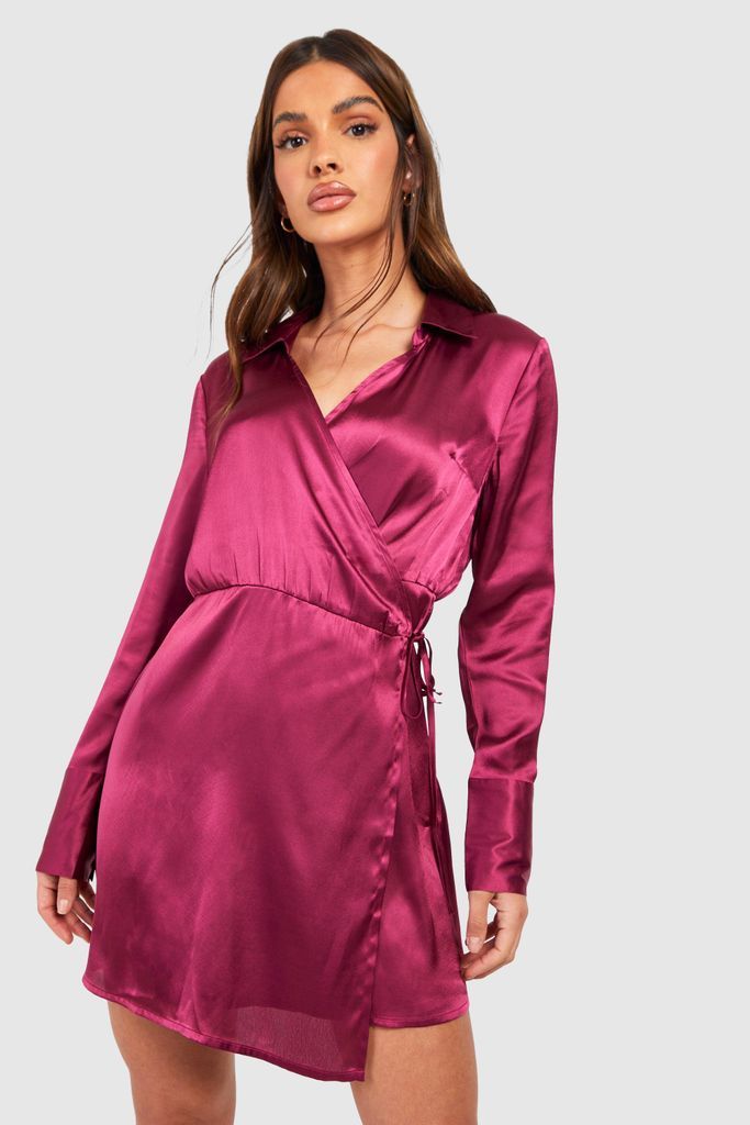 Womens Satin Wrap Belted Shirt Dress - Purple - 10, Purple