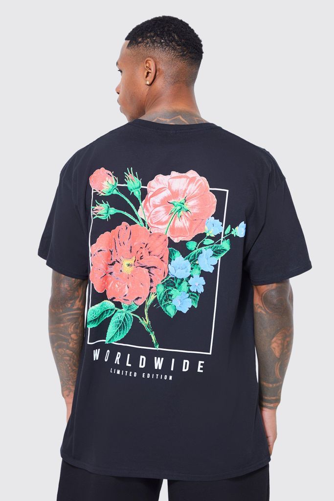 Men's Oversized Floral Back Graphic T-Shirt - Black - M, Black
