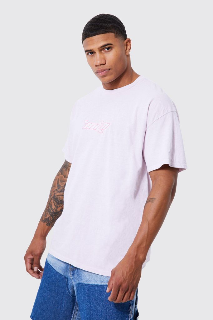 Men's Oversized Overdyed Man Embroidered T-Shirt - Pink - L, Pink