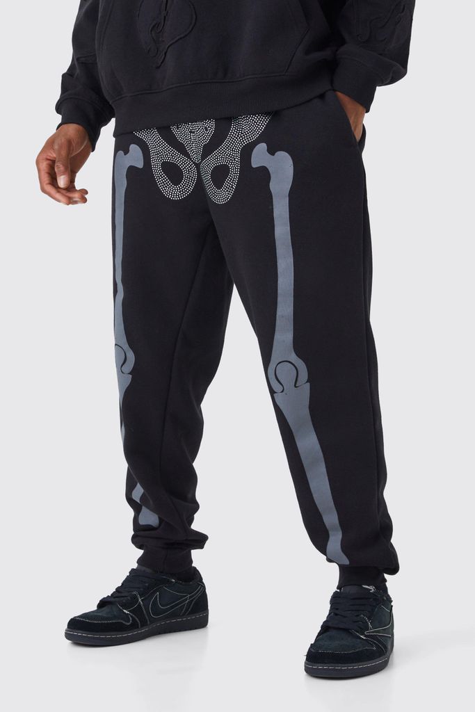 Men's Regular Fit Rhinestone Skeleton Jogger - Black - L, Black