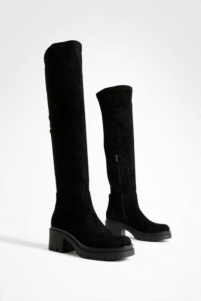 Womens Block Heel Stretch Knee High Boots - Black - 7, Black