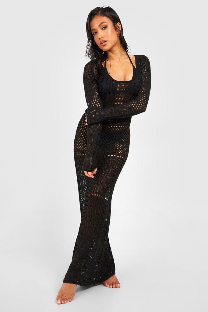 Womens Petite Crochet Maxi Dress - Black - 8, Black