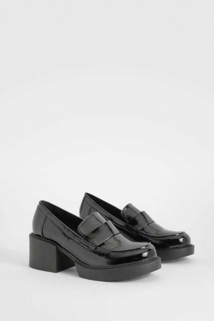 Womens Chunky Heeled Patent Loafers - Black - 3, Black