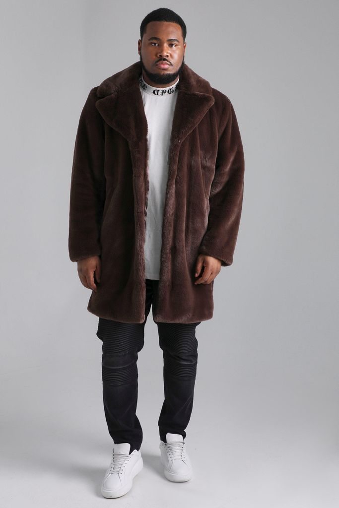 Men's Plus Faux Fur Overcoat - Brown - Xxl, Brown