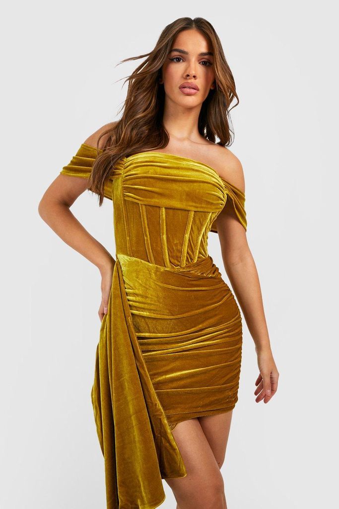 Womens Velvet Corset Bardot Drape Mini Dress - Yellow - 14, Yellow