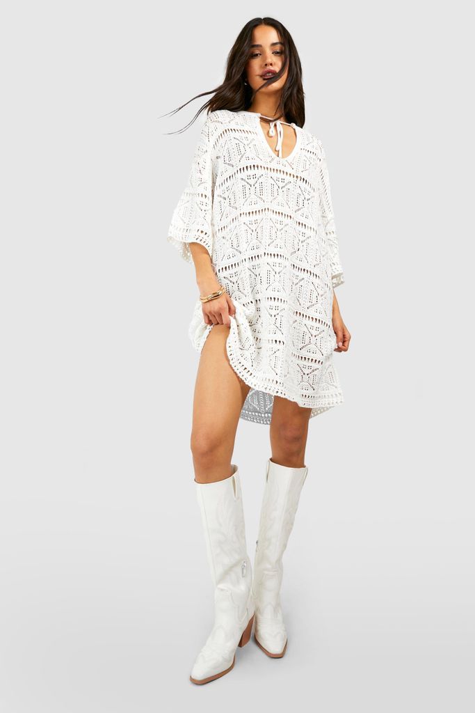 Womens Crochet Tunic Dress - White - S, White