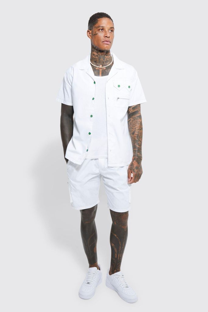Men's Short Sleeve Revere Contrast Stitch Shirt & Cargo Short Set - White - M, White
