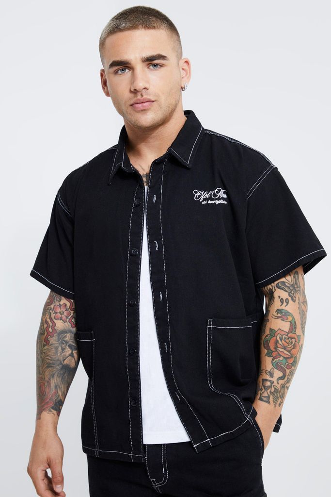 Men's Boxy Fit Man Contrast Stitch Denim Shirt - Black - M, Black