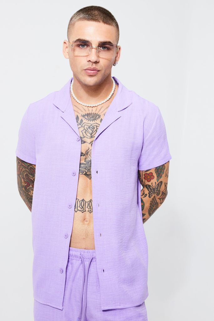 Men's Short Sleeve Linen Revere Shirt - Purple - M, Purple