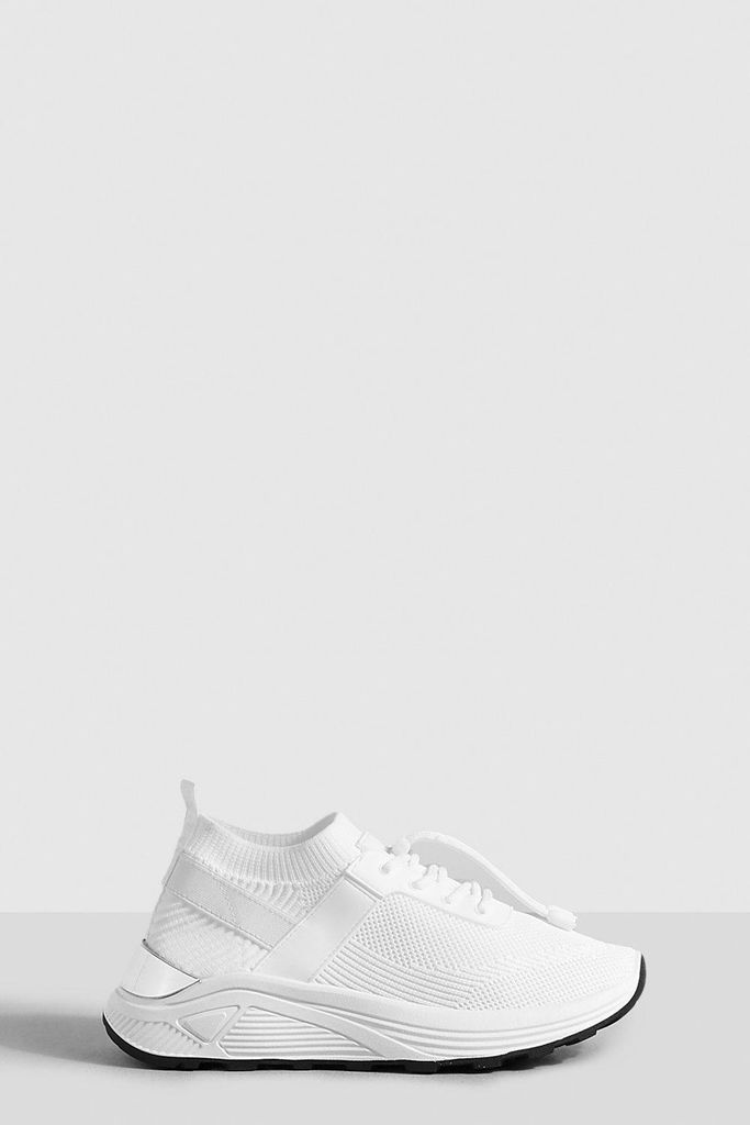 Womens Knit Lace Up Trainers - White - 7, White