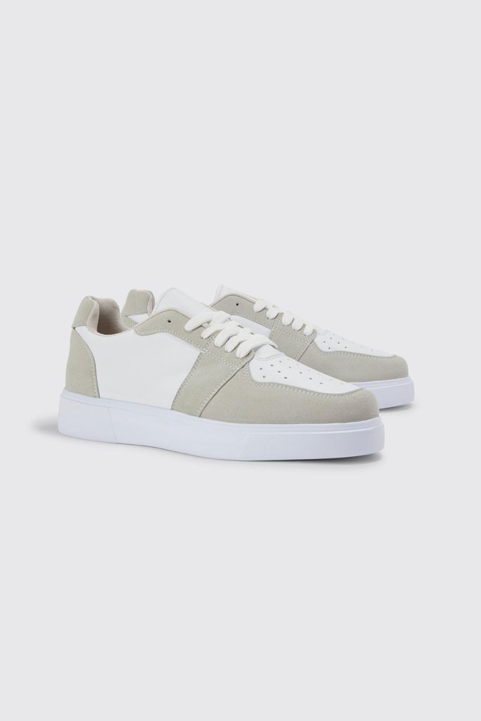 Men's Faux Leather And Faux Suede Panel Trainer - White - 9, White
