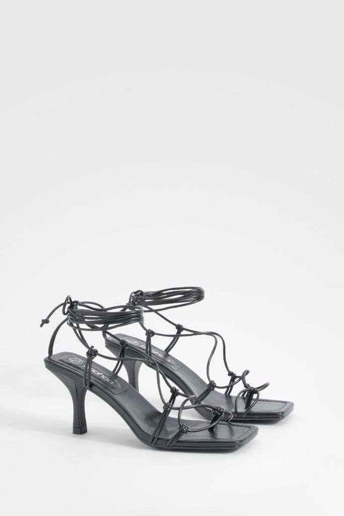 Womens Square Toe Knot Detail Wrap Up Heels - Black - 3, Black
