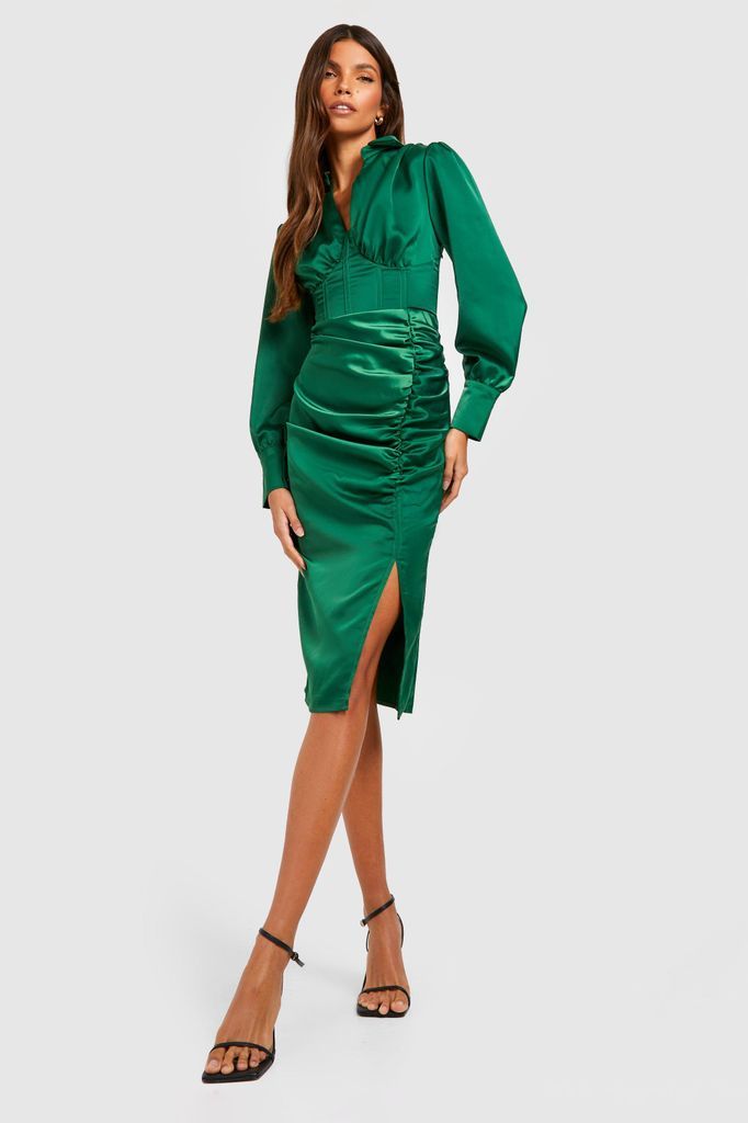 Womens Satin Corset Puff Sleeve Midi Dress - Green - 10, Green