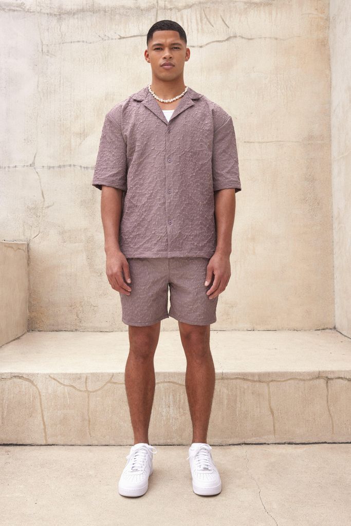 Men's Short Sleeve Drop Revere Textured Shirt And Short Set - Brown - Xl, Brown