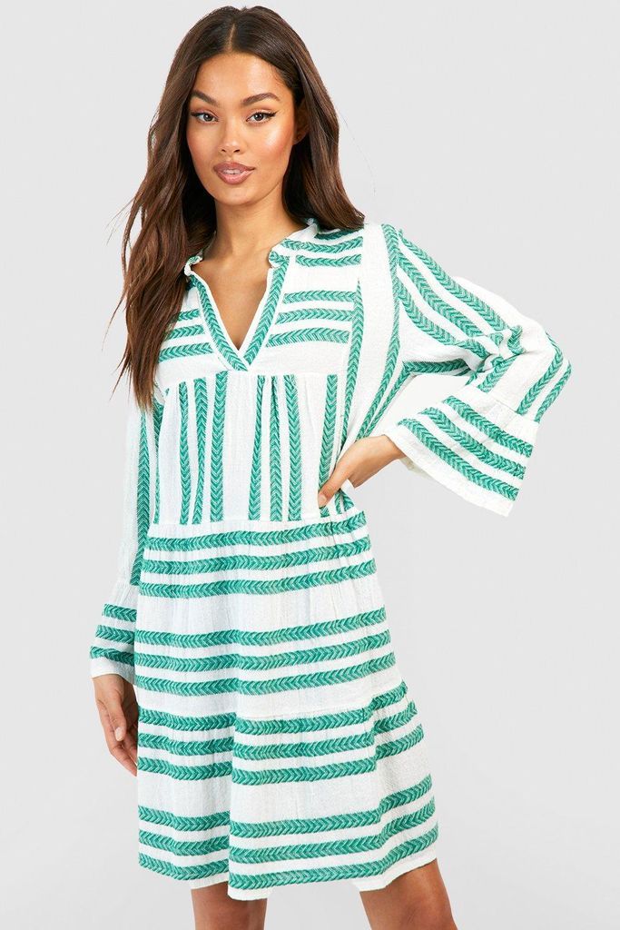 Womens Textured Aztec Stripe Smock Dress - Green - 10, Green