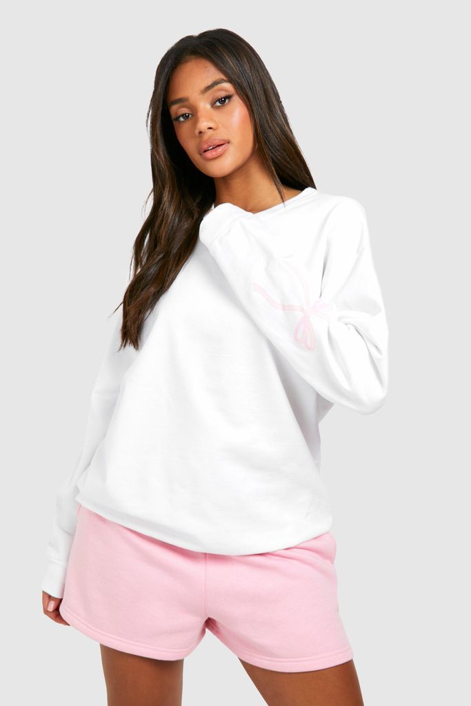 Womens Bow Sleeve Print Oversized Sweatshirt - White - S, White