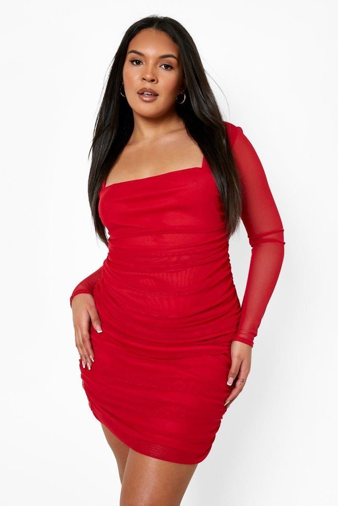 Womens Plus Square Neck Ruched Mesh Bodycon Dress - Red - 26, Red