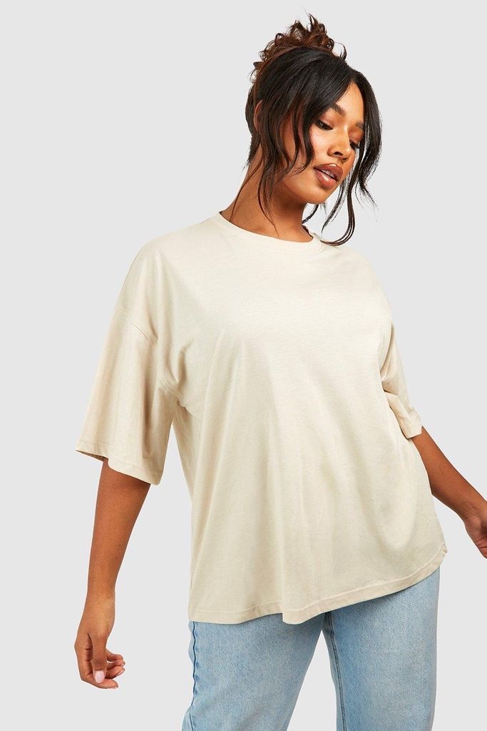 Womens Plus Oversized Crew Neck Basic Cotton T-Shirt - Beige - 16, Beige