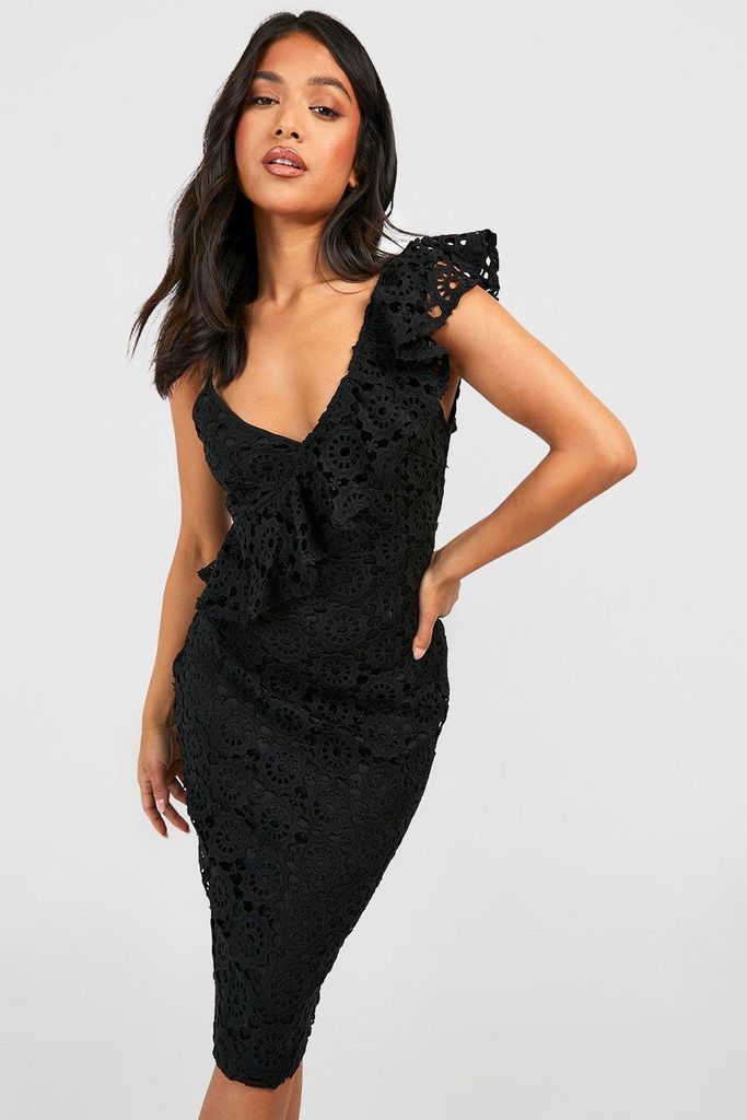 Womens Petite Premium Lace Asymmetric Ruffle Midi Dress - Black - 6, Black
