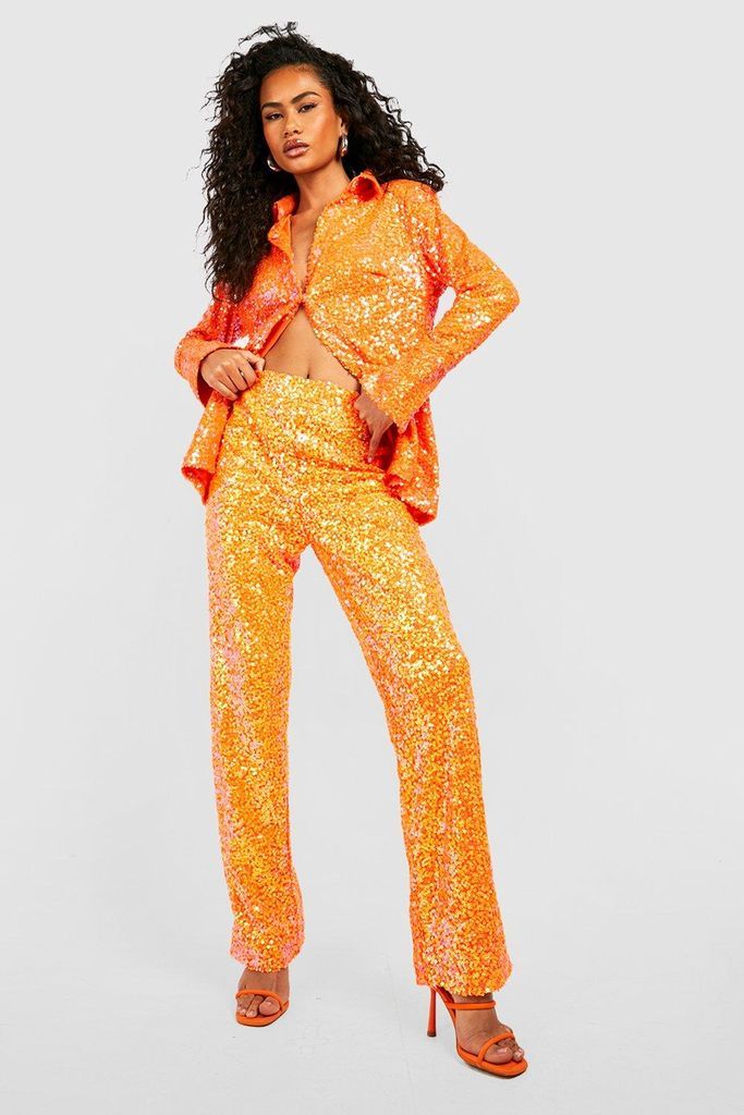 Womens Colour Pop Iridescent Sequin Wide Leg Trousers - Orange - 8, Orange