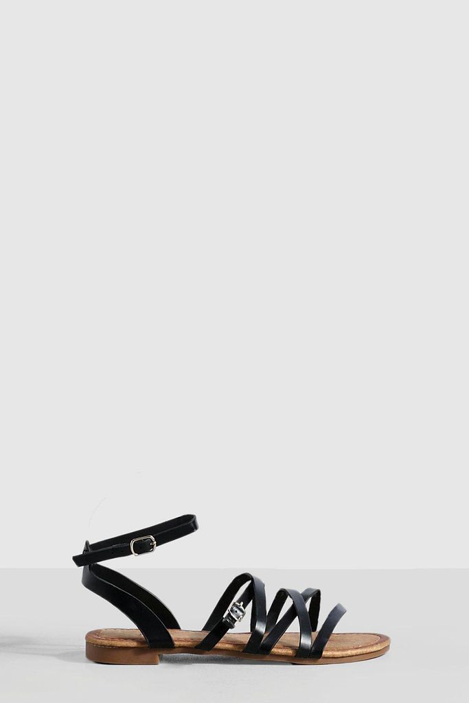 Womens Buckle Detail Flat Sandals - Black - 4, Black