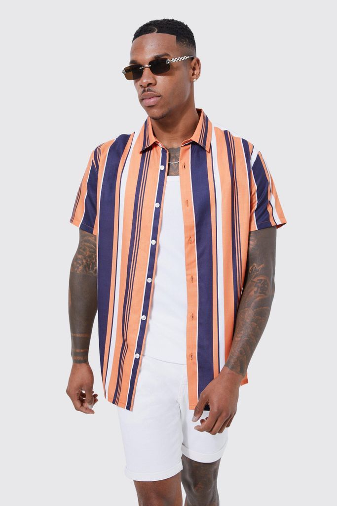 Men's Short Sleeve Retro Stripe Shirt - Orange - Xl, Orange