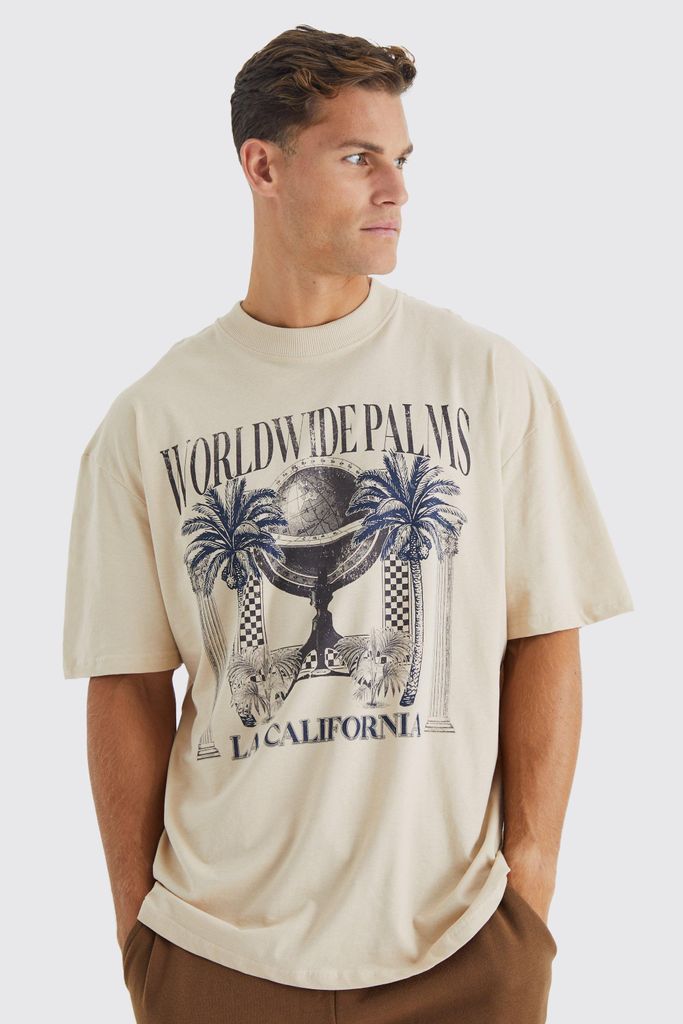 Men's Tall Oversized Extended Neck Palms T-Shirt - Beige - M, Beige