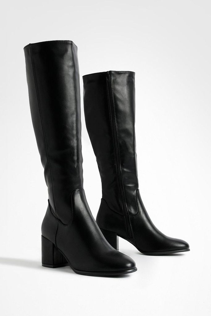 Womens Low Block Basic Pull On Knee High Boots - Black - 7, Black