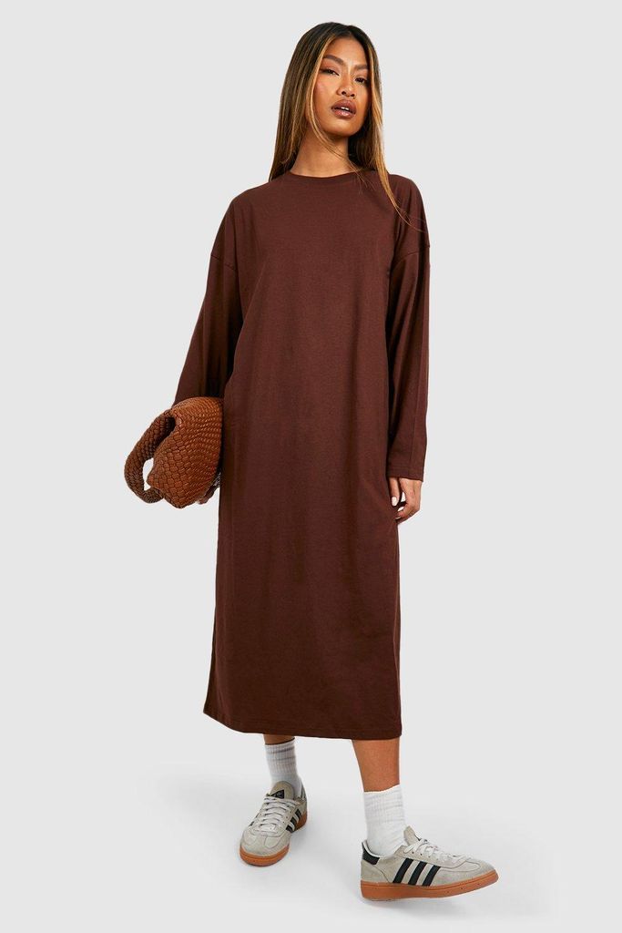Womens Oversized Long Sleeve T-Shirt Midi Dress - Brown - 18, Brown